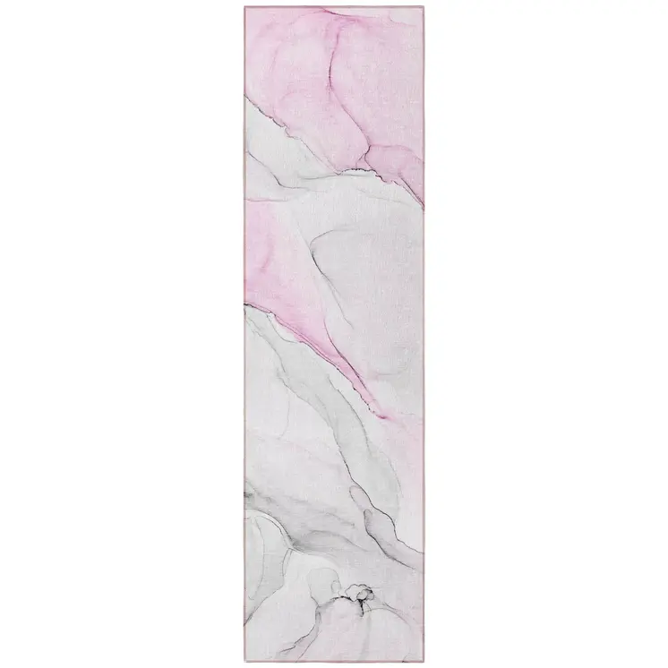 8' Runner Gray and Pink Abstract Washable Non Skid Indoor Outdoor Runner Rug