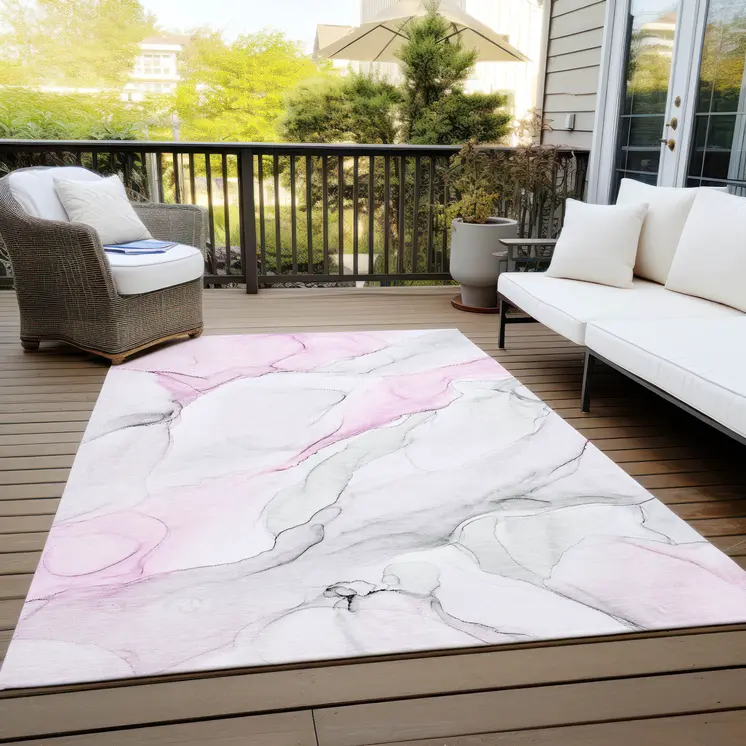 3' X 5' Gray and Pink Abstract Washable Non Skid Indoor Outdoor Area Rug
