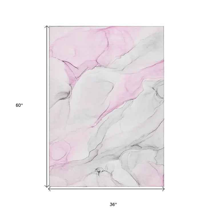 3' X 5' Gray and Pink Abstract Washable Non Skid Indoor Outdoor Area Rug