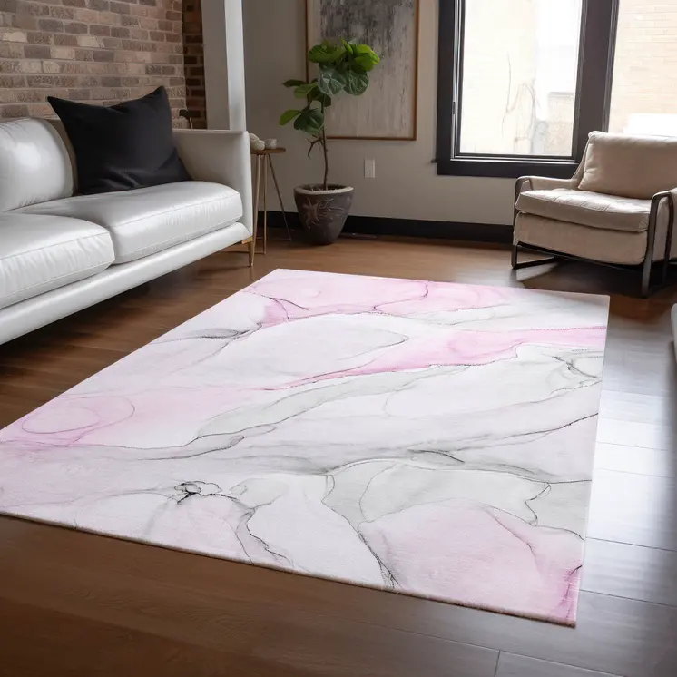 3' X 5' Gray and Pink Abstract Washable Non Skid Indoor Outdoor Area Rug