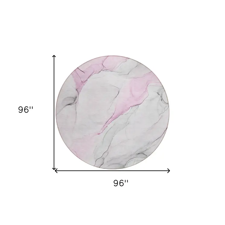 8' Round Gray and Pink Round Abstract Washable Non Skid Indoor Outdoor Area Rug