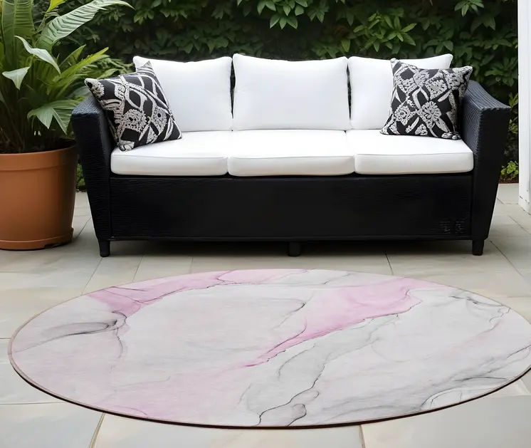 8' Round Gray and Pink Round Abstract Washable Non Skid Indoor Outdoor Area Rug