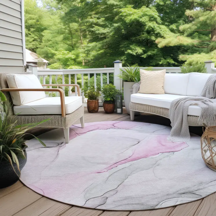 8' Round Gray and Pink Round Abstract Washable Non Skid Indoor Outdoor Area Rug