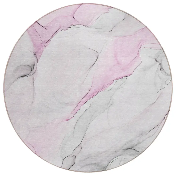 8' Round Gray and Pink Round Abstract Washable Non Skid Indoor Outdoor Area Rug
