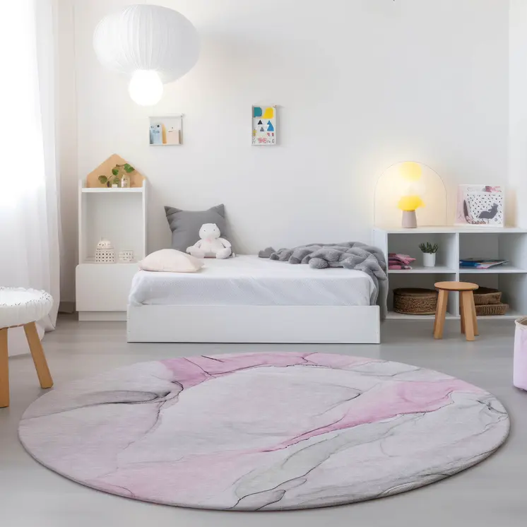 8' Round Gray and Pink Round Abstract Washable Non Skid Indoor Outdoor Area Rug