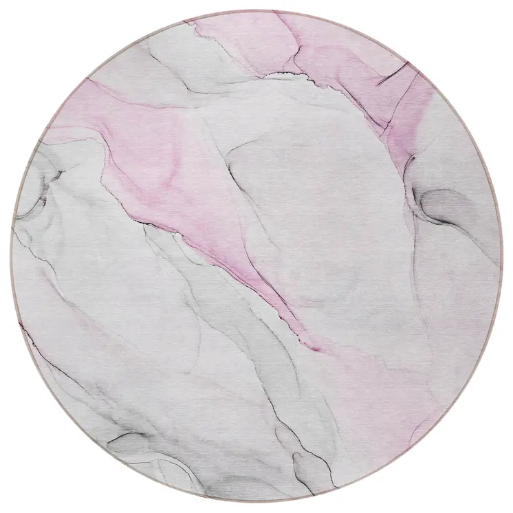 8' Round Gray and Pink Round Abstract Washable Non Skid Indoor Outdoor Area Rug