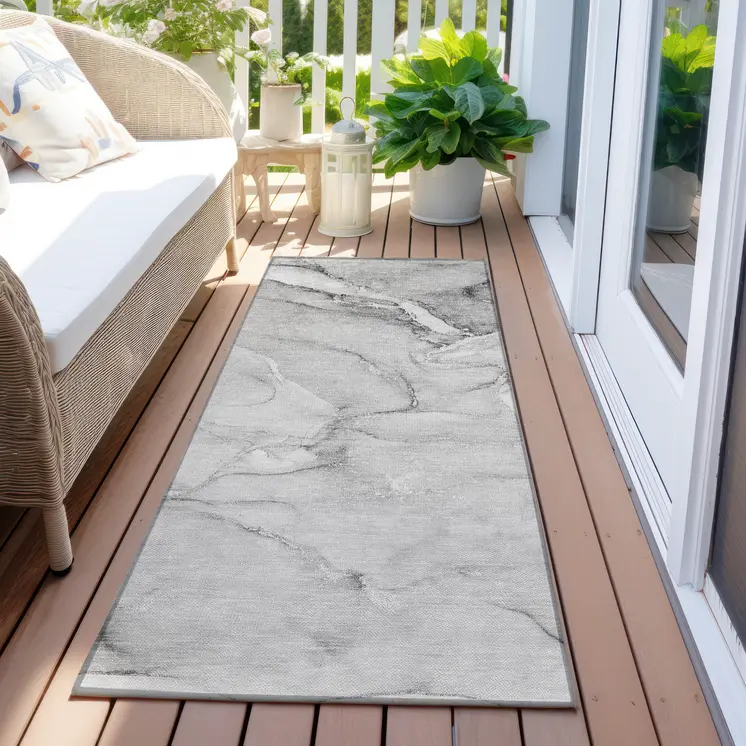 8' Runner Gray Abstract Washable Non Skid Indoor Outdoor Runner Rug