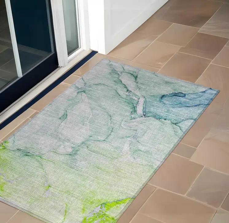 2' X 3' Blue and Green Abstract Washable Indoor Outdoor Area Rug