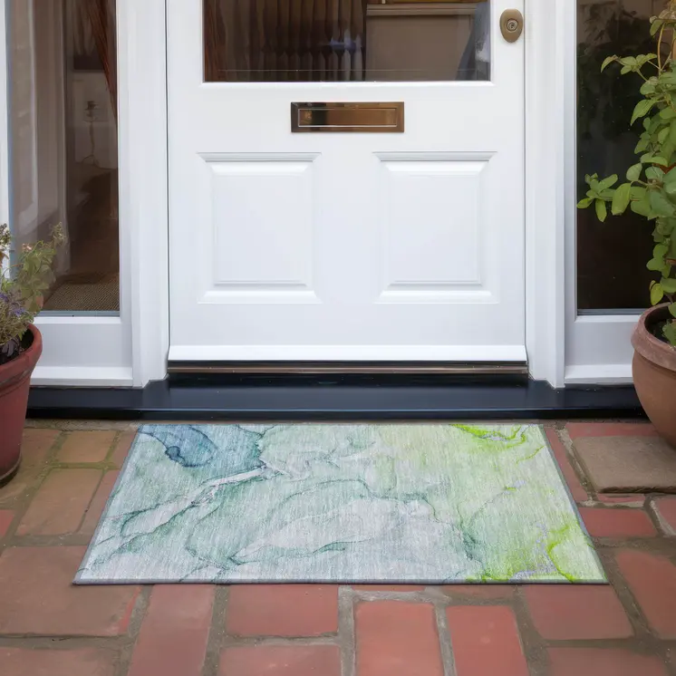 2' X 3' Blue and Green Abstract Washable Indoor Outdoor Area Rug