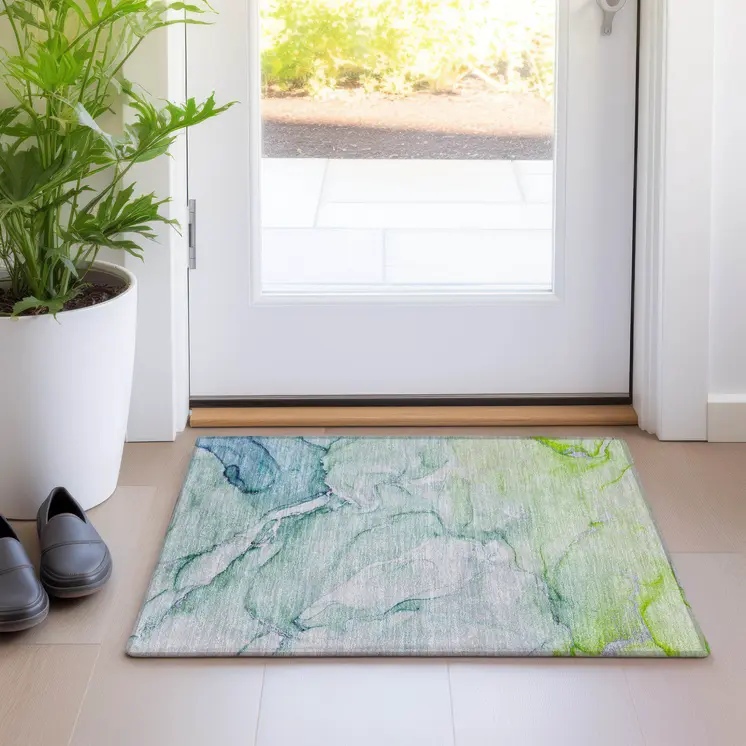 2' X 3' Blue and Green Abstract Washable Indoor Outdoor Area Rug