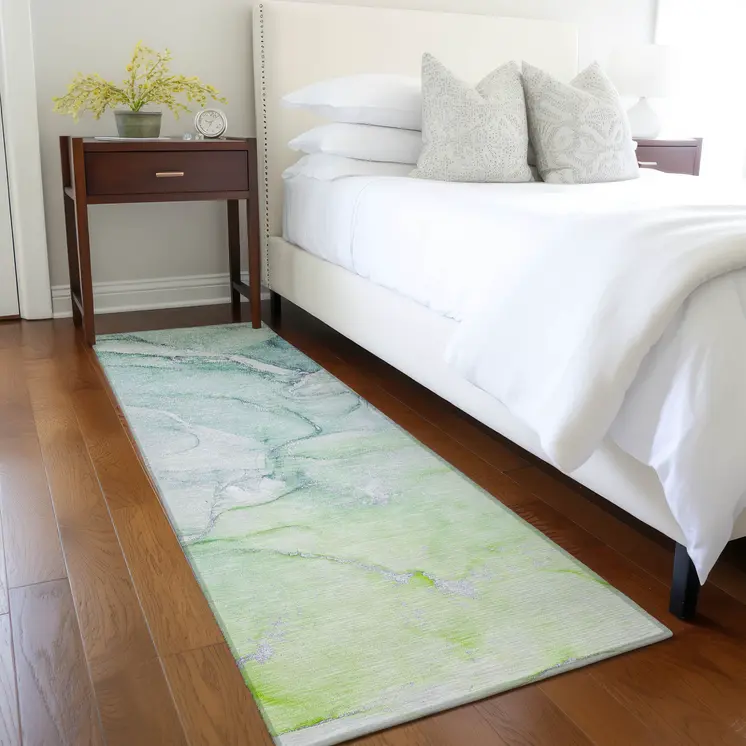 8' Runner Green Abstract Washable Non Skid Indoor Outdoor Runner Rug