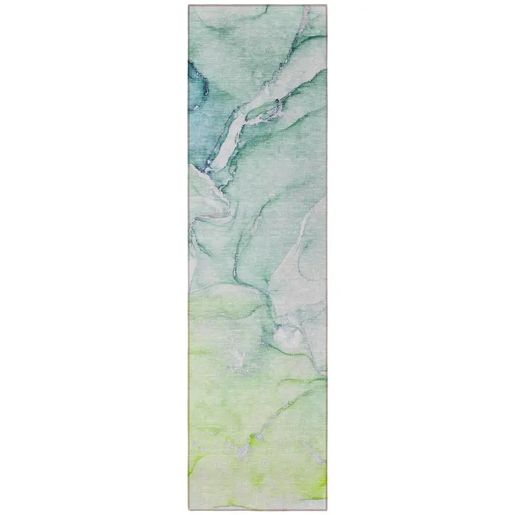 8' Runner Green Abstract Washable Non Skid Indoor Outdoor Runner Rug