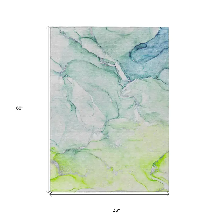 3' X 5' Green Abstract Washable Non Skid Indoor Outdoor Area Rug