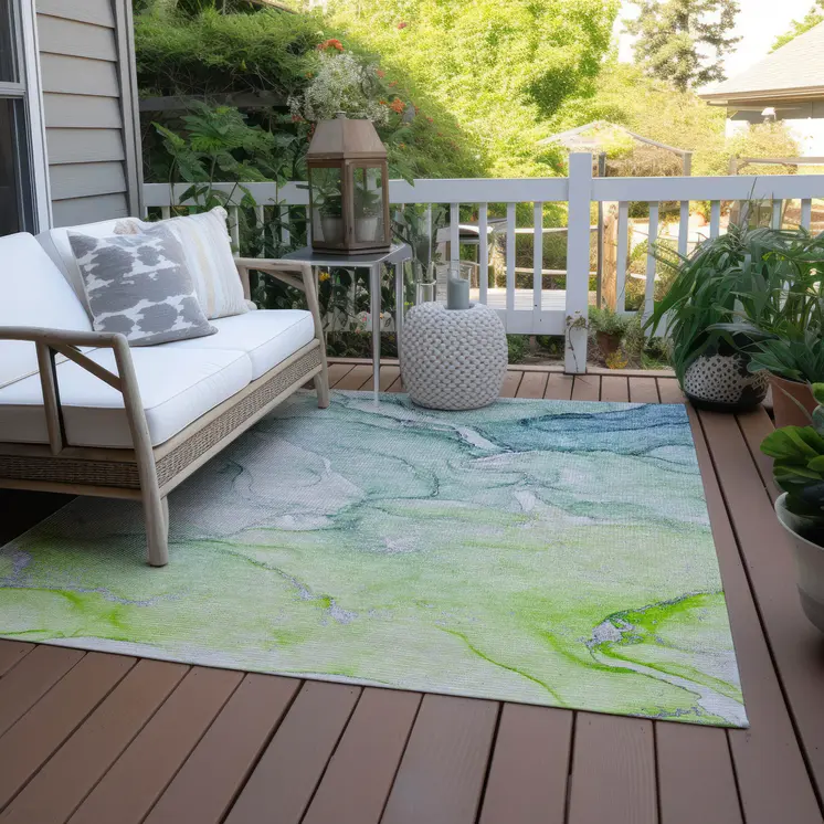 9' X 12' Green Abstract Washable Non Skid Indoor Outdoor Area Rug