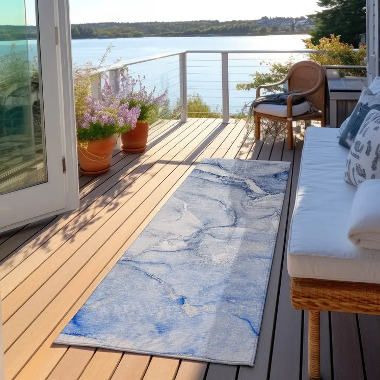 8' Runner Navy Blue Abstract Washable Non Skid Indoor Outdoor Runner Rug