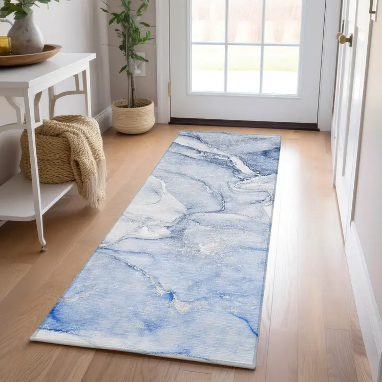 8' Runner Navy Blue Abstract Washable Non Skid Indoor Outdoor Runner Rug