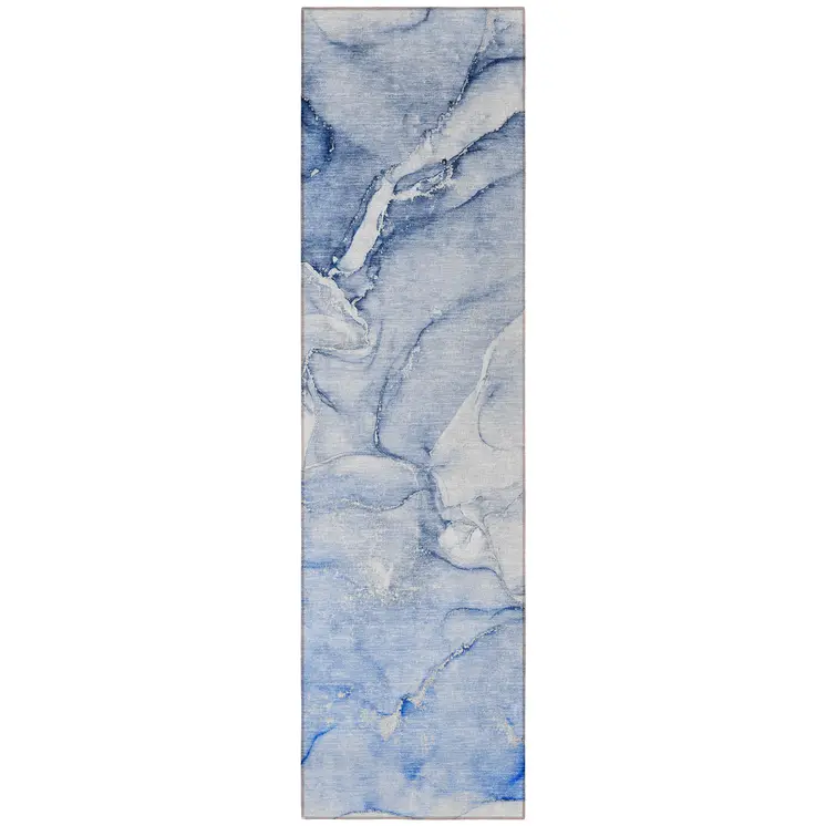 8' Runner Navy Blue Abstract Washable Non Skid Indoor Outdoor Runner Rug