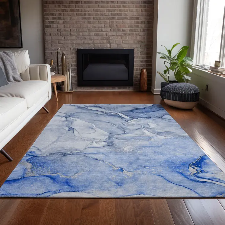 3' X 5' Navy Blue Abstract Washable Non Skid Indoor Outdoor Area Rug