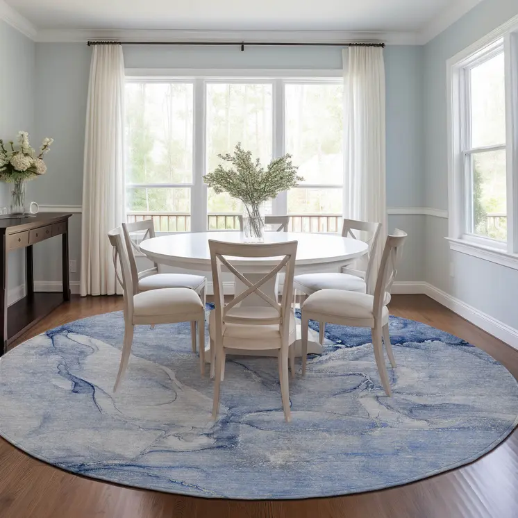 8' Round Navy Blue Round Abstract Washable Non Skid Indoor Outdoor Area Rug
