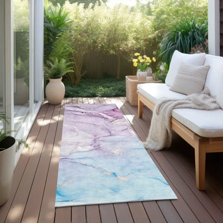 8' Runner Purple Abstract Washable Non Skid Indoor Outdoor Runner Rug