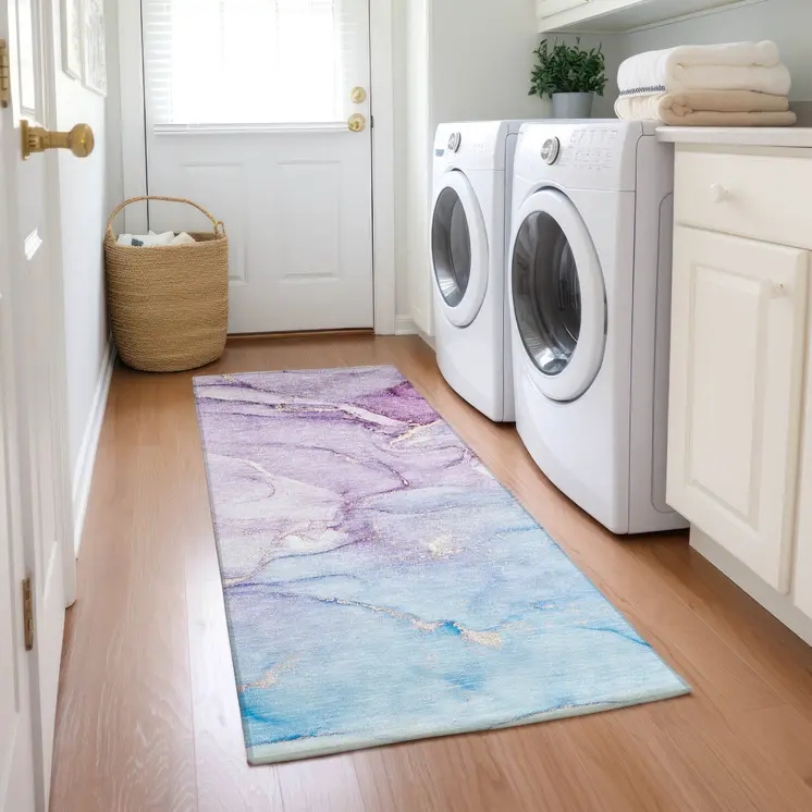 8' Runner Purple Abstract Washable Non Skid Indoor Outdoor Runner Rug