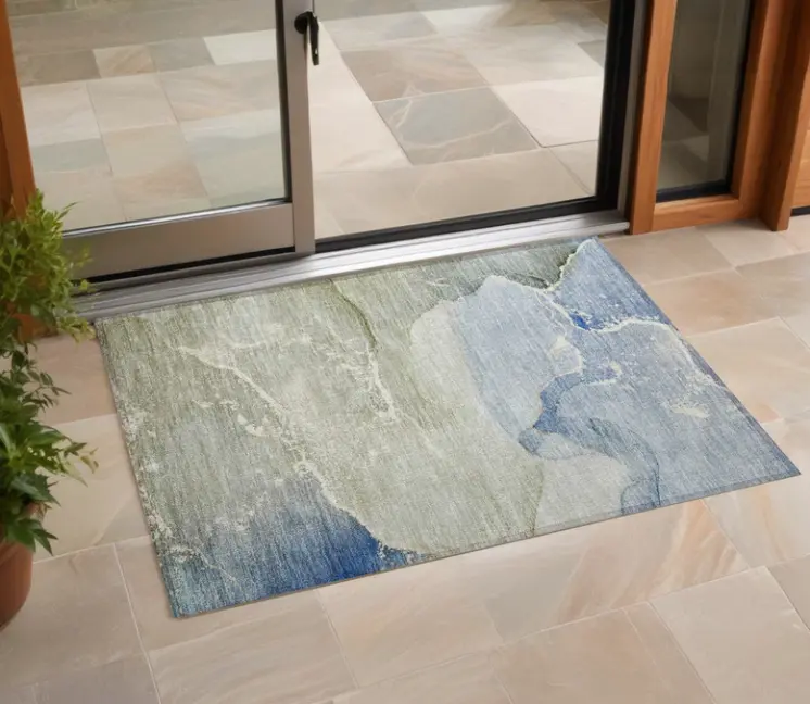 2' X 3' Blue and Green Abstract Washable Indoor Outdoor Area Rug