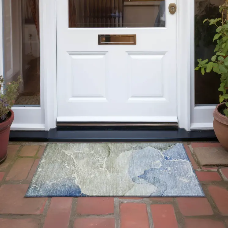 2' X 3' Blue and Green Abstract Washable Indoor Outdoor Area Rug