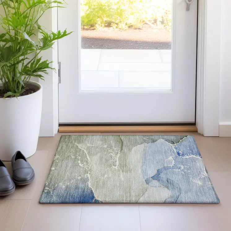 2' X 3' Blue and Green Abstract Washable Indoor Outdoor Area Rug