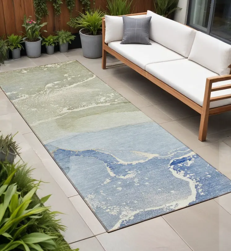 2' X 8' Blue and Green Abstract Washable Indoor Outdoor Runner Rug