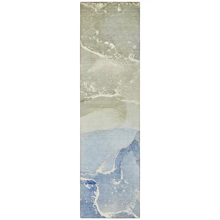 2' X 8' Blue and Green Abstract Washable Indoor Outdoor Runner Rug