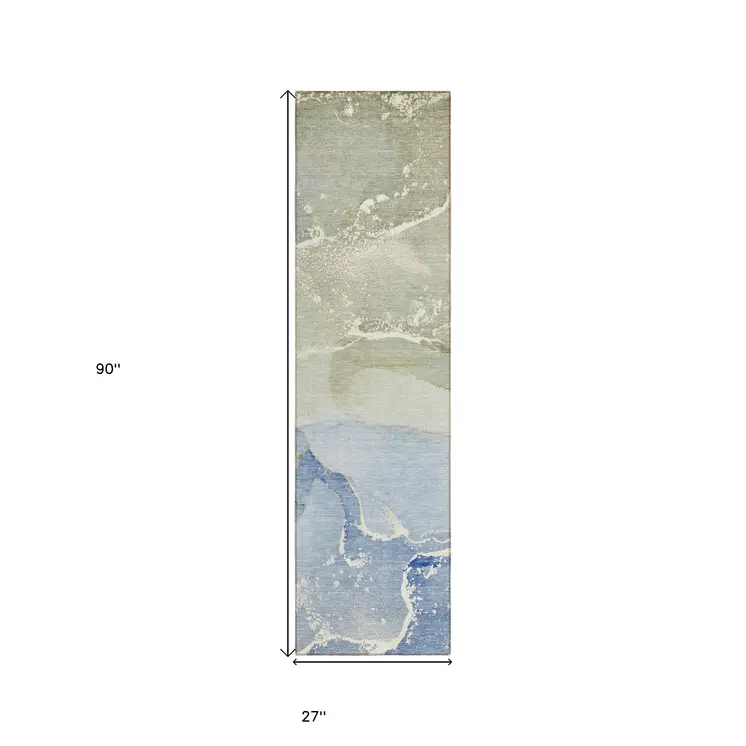 2' X 8' Blue and Green Abstract Washable Indoor Outdoor Runner Rug