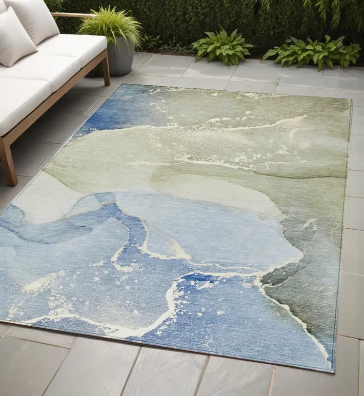 5' X 8' Blue and Green Abstract Washable Indoor Outdoor Area Rug