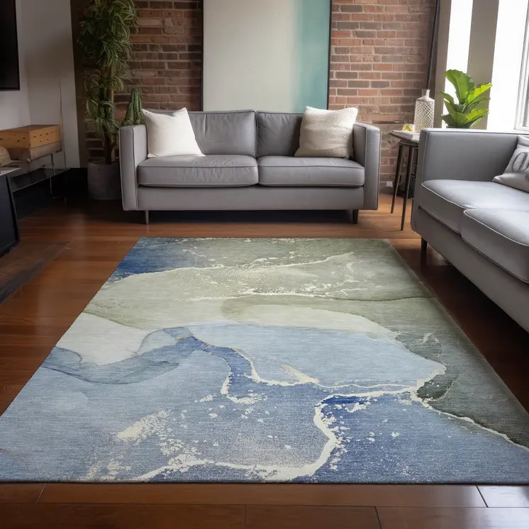 8' X 10' Blue and Green Abstract Washable Indoor Outdoor Area Rug