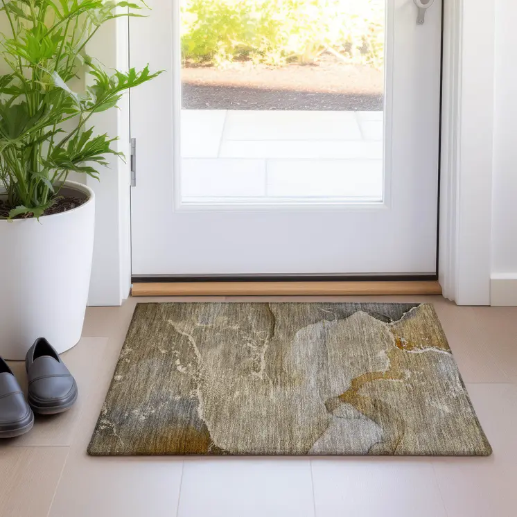 2' X 3' Brown Beige and Gold Abstract Washable Indoor Outdoor Area Rug