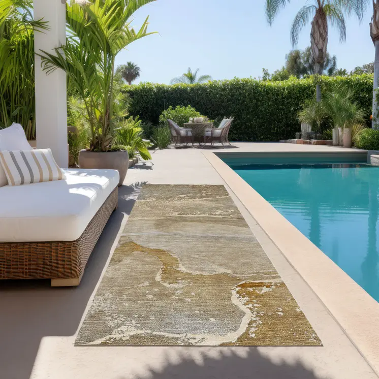 2' X 8' Brown Beige and Gold Abstract Washable Indoor Outdoor Runner Rug