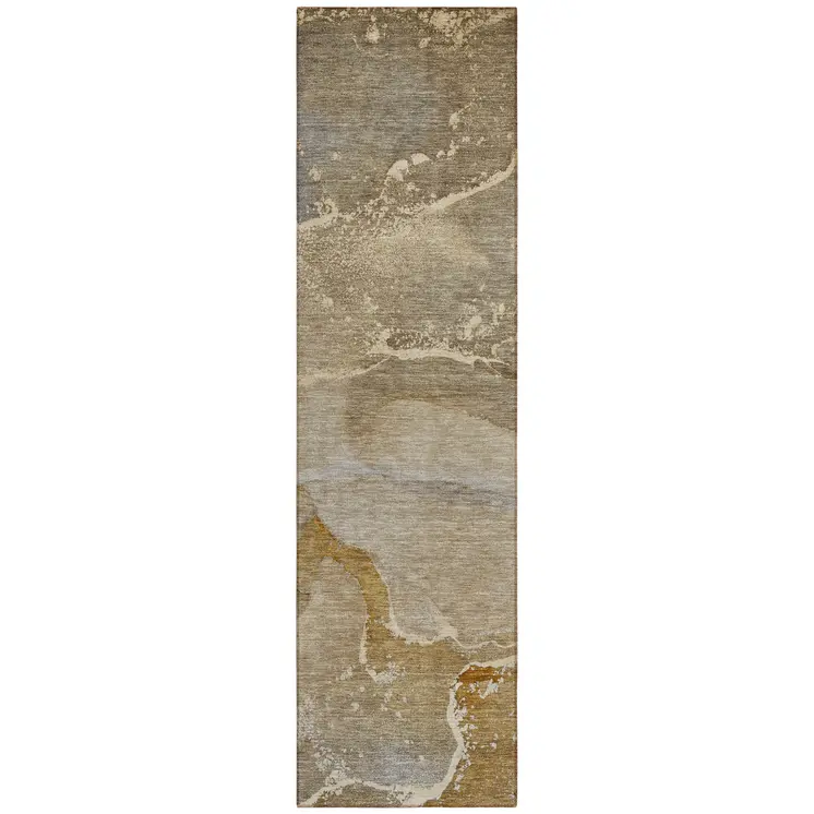 2' X 8' Brown Beige and Gold Abstract Washable Indoor Outdoor Runner Rug