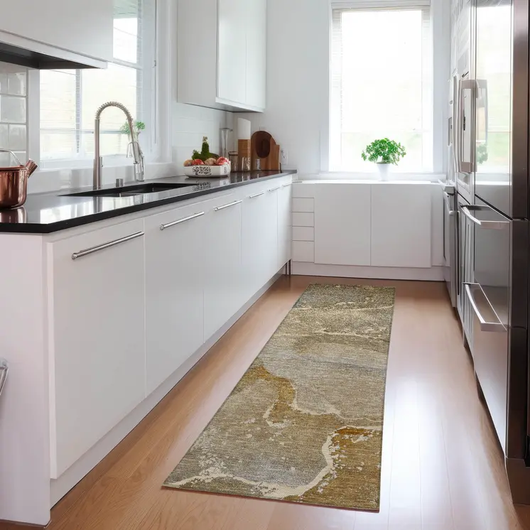 2' X 8' Brown Beige and Gold Abstract Washable Indoor Outdoor Runner Rug