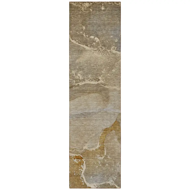 2' X 8' Brown Beige and Gold Abstract Washable Indoor Outdoor Runner Rug