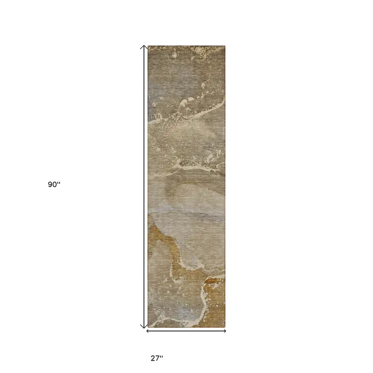 2' X 8' Brown Beige and Gold Abstract Washable Indoor Outdoor Runner Rug