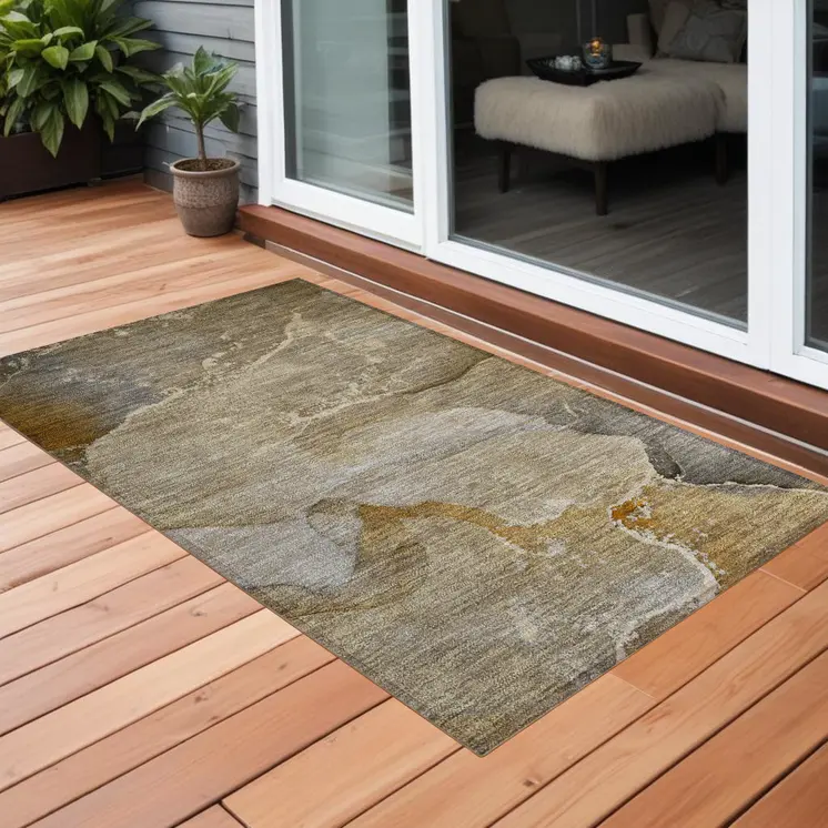 3' X 5' Brown Beige and Gold Abstract Washable Indoor Outdoor Area Rug