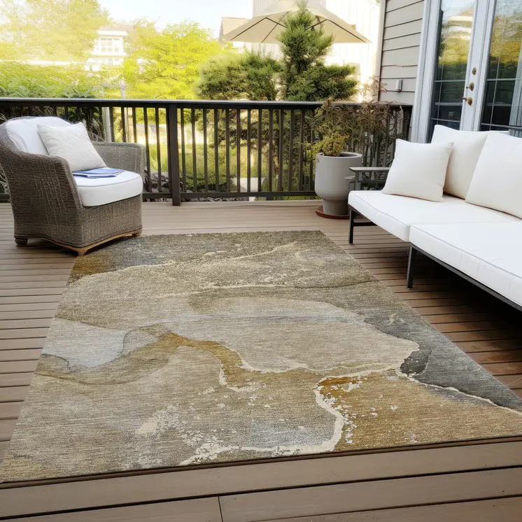 3' X 5' Brown Beige and Gold Abstract Washable Indoor Outdoor Area Rug