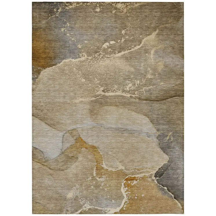 3' X 5' Brown Beige and Gold Abstract Washable Indoor Outdoor Area Rug