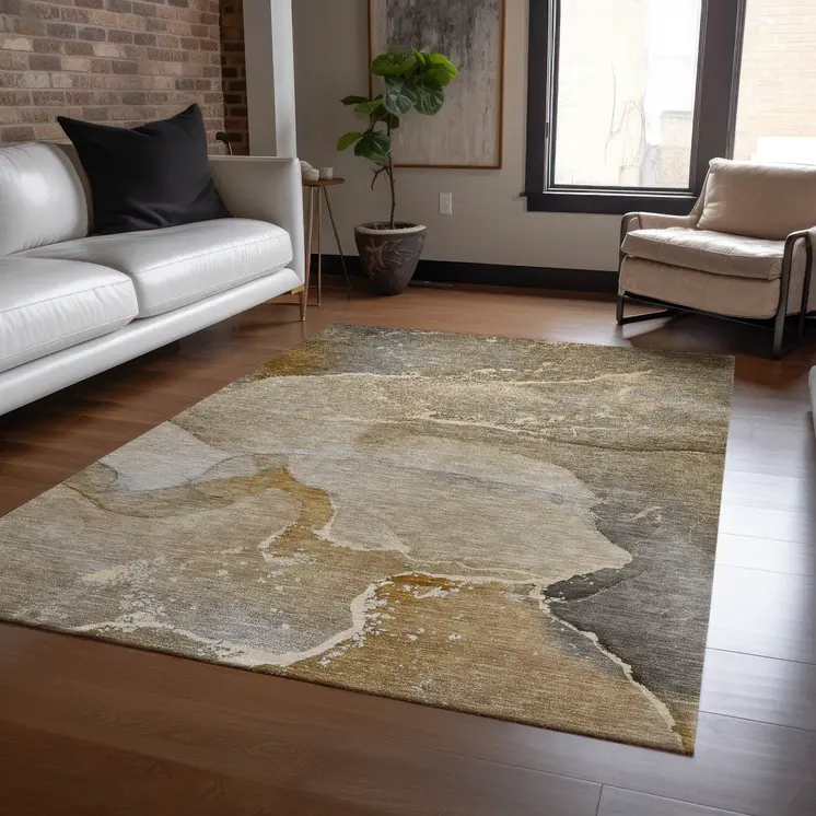 3' X 5' Brown Beige and Gold Abstract Washable Indoor Outdoor Area Rug