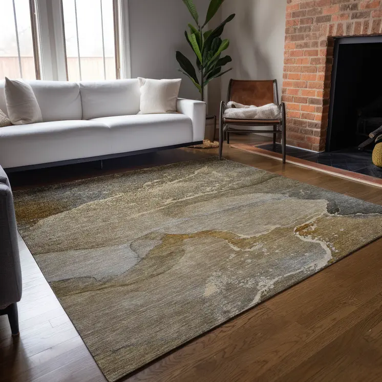 3' X 5' Brown Beige and Gold Abstract Washable Indoor Outdoor Area Rug