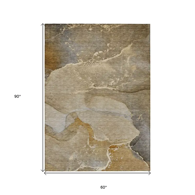 5' X 8' Brown Beige and Gold Abstract Washable Indoor Outdoor Area Rug