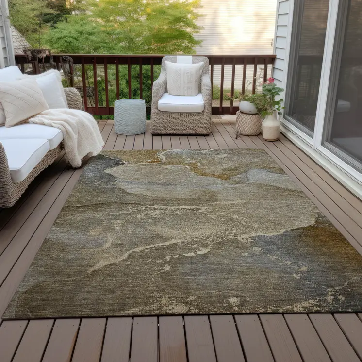 5' X 8' Brown Beige and Gold Abstract Washable Indoor Outdoor Area Rug