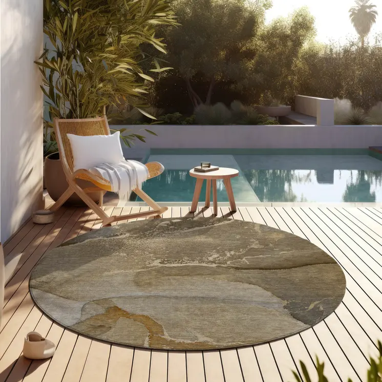 8' X 8' Brown Round Abstract Washable Indoor Outdoor Area Rug