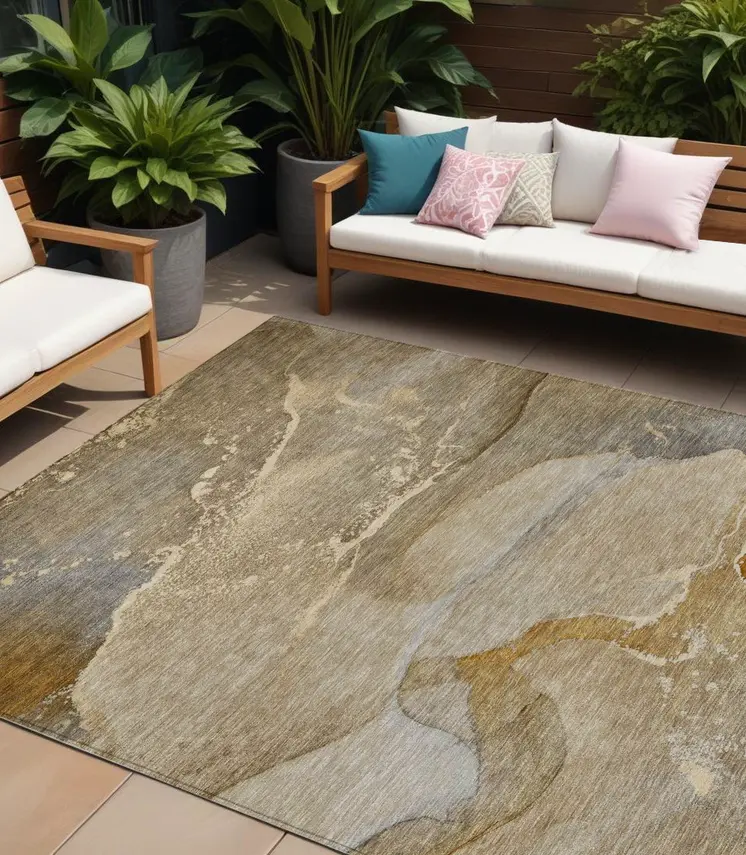 10' X 14' Brown Beige and Gold Abstract Washable Indoor Outdoor Area Rug