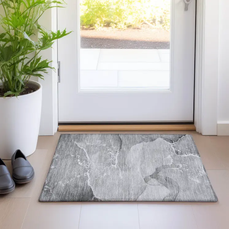 2' X 3' Gray Abstract Washable Indoor Outdoor Area Rug