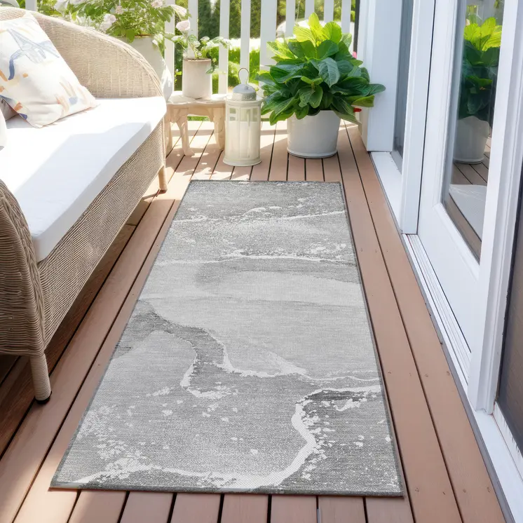 2' X 8' Gray Abstract Washable Indoor Outdoor Runner Rug